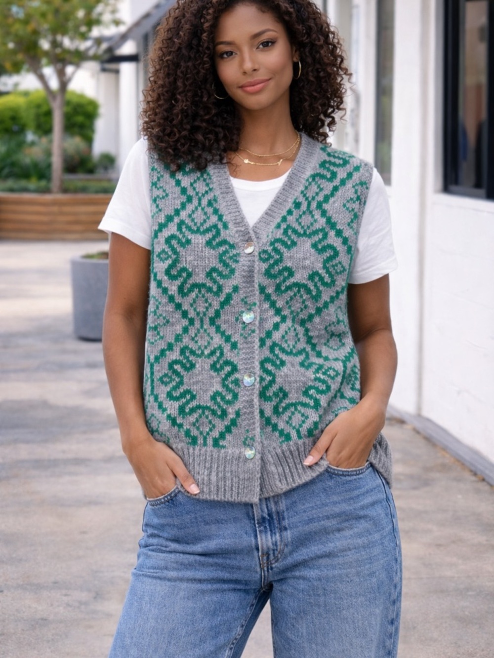 Grey and Green Patterned V-Neck Buttoned Knit Vest